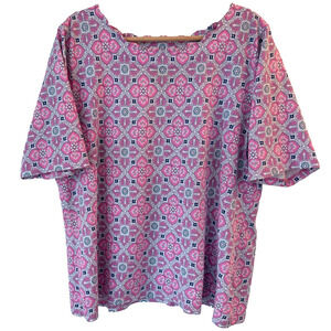 Talbots XL Pink Blue Geometric Pattern Scalloped Neckline Short Sleeve Top